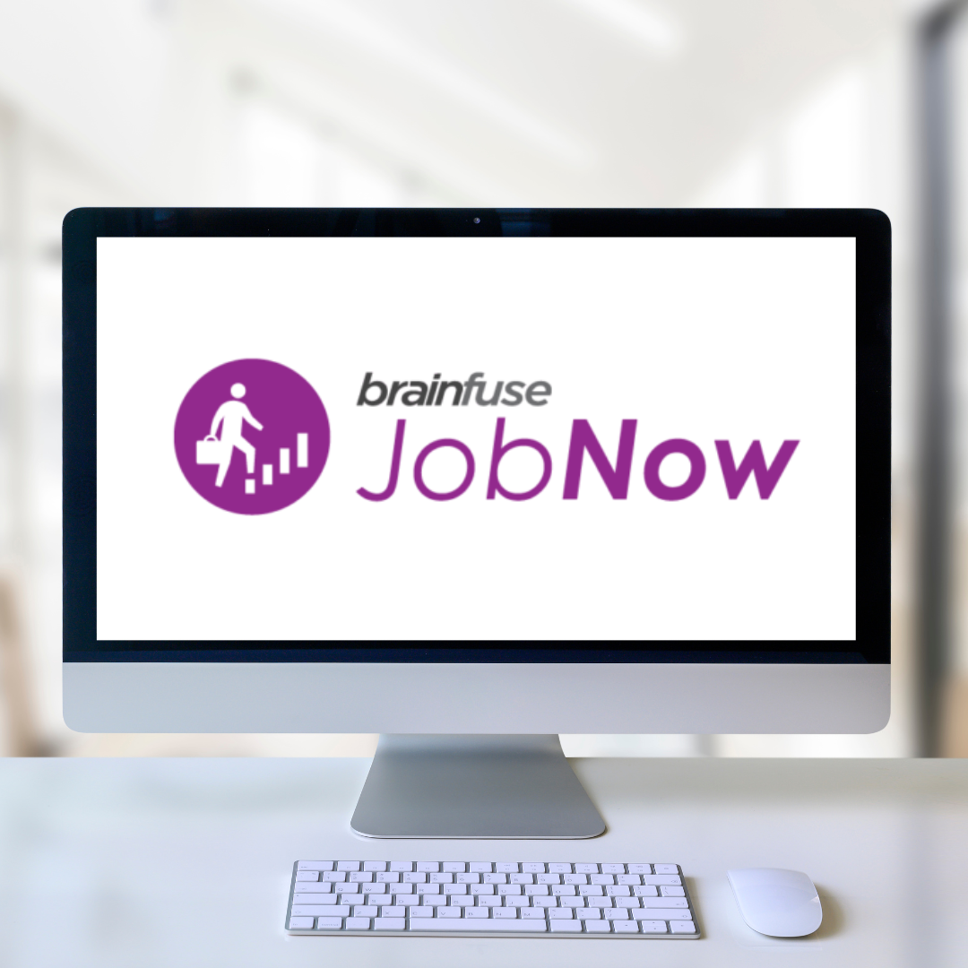 The JobNow logo is pictured on a computer monitor. The logo has bright purple text with an icon of a person walking upstairs with a brief case.