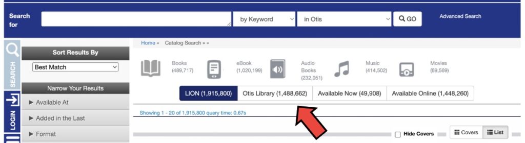 This image shows the catalog's top level search filters with an arrow pointing at "Otis Library." 
