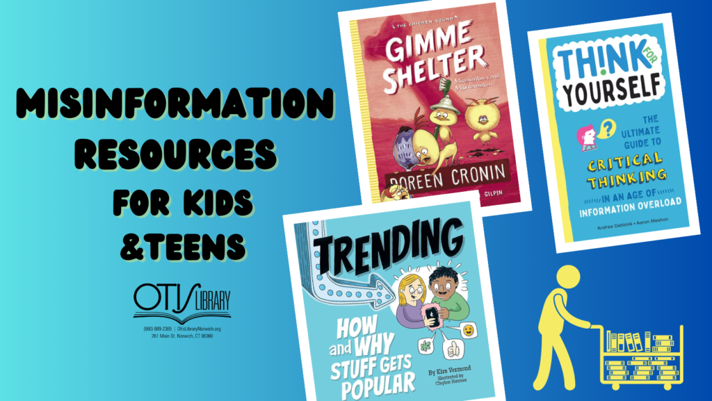 A graphically designed image featuring the text "Misinformation resources for kids and teens" and the covers of books recommended in the article.