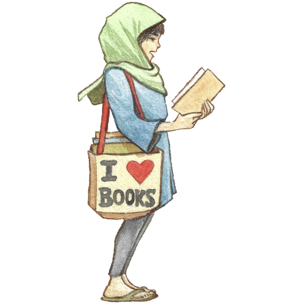 A young girl with a blue jacket and green hijab stands reading a book. She is standing to the side, profile to the viewer. Her large, book filled tote has "I Love Books" written on it.