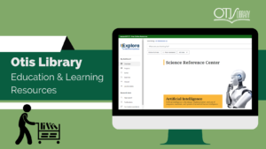 A graphically designed image that features a green background, illustrated desktop computer, and a minimalist person pushing a cart of library books. 