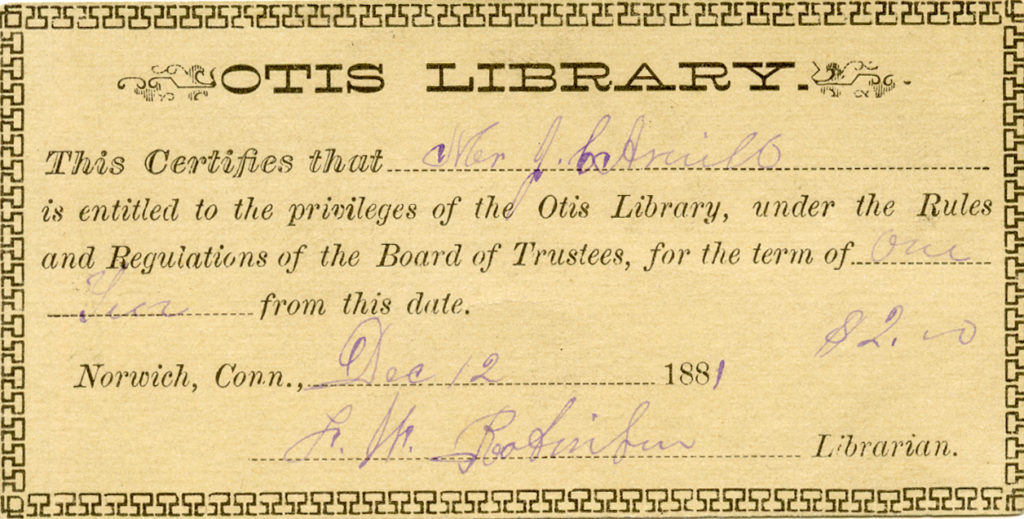 This card shows the first change in design with a printed decorative border and "Otis Library" across the top. It is from 1881.