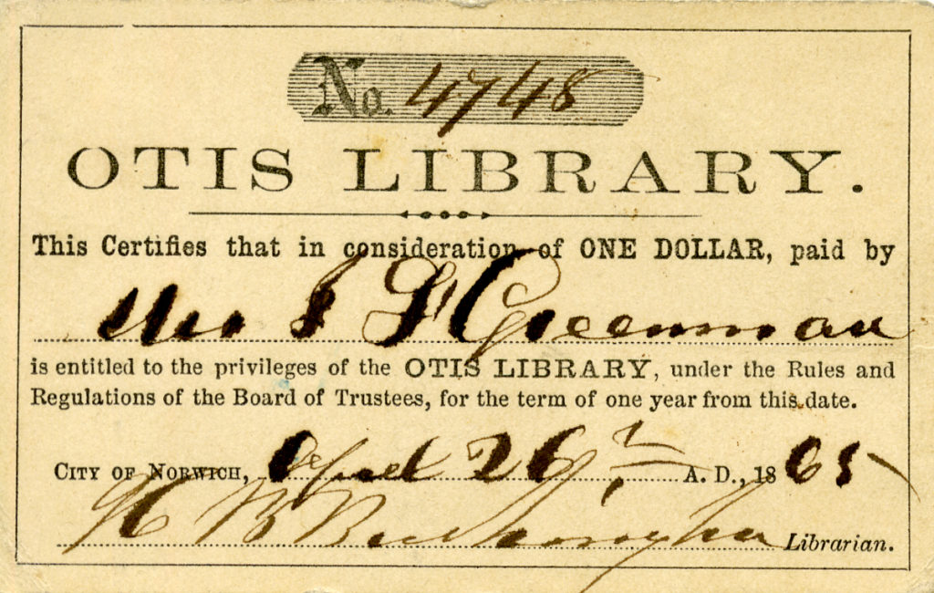 This library card is from 1865 and features the same style as the card from 1857. It has a number acros the top with printed text saying that the cost of the card is $1.