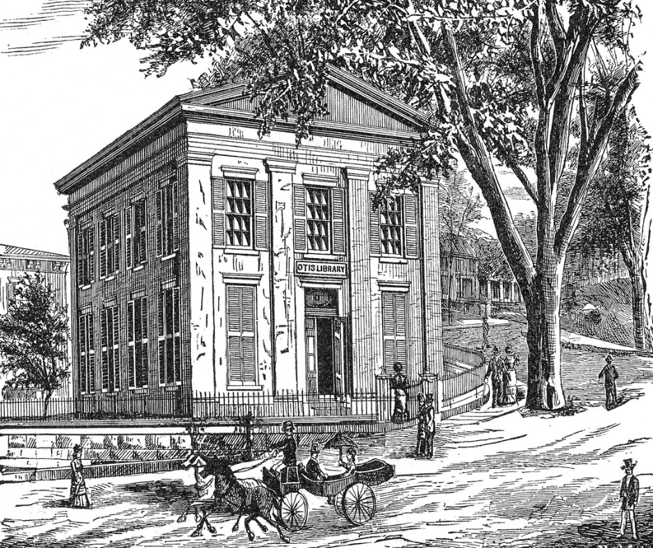 This is a line drawing of Otis Library circa 1888. It shows a horse and carriage driving along the road in front of the library. A large tree with leaves towers over the stately brick building.