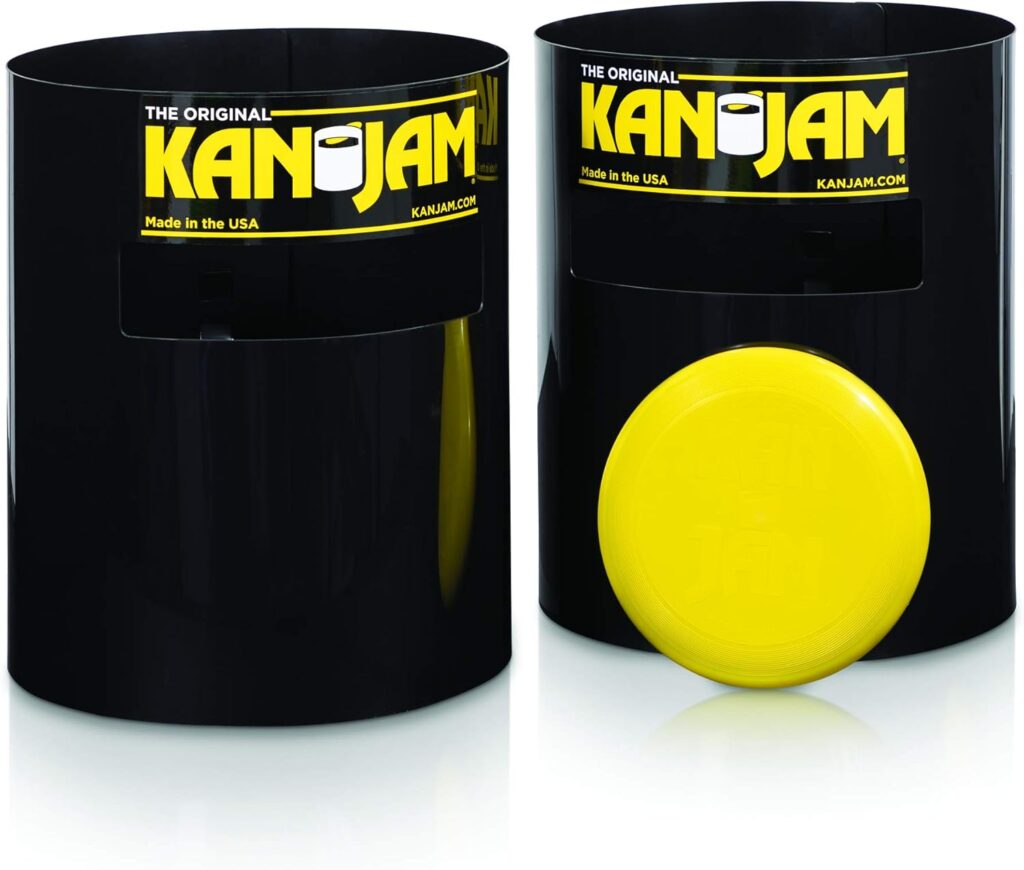 Two large black cans with holes in the side and a yellow disc are shown.