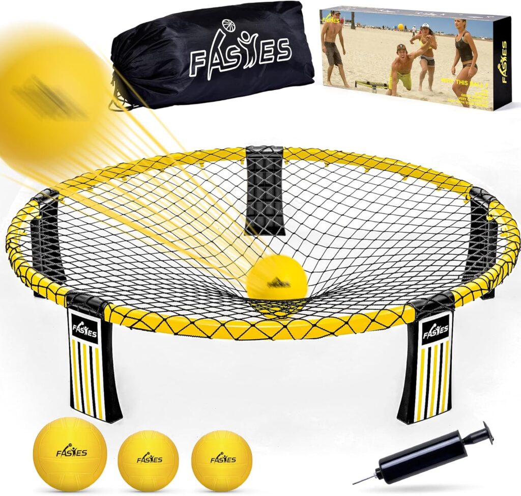 A round net is propped up by legs and a goop. Balls and an inflator for them are also shown.