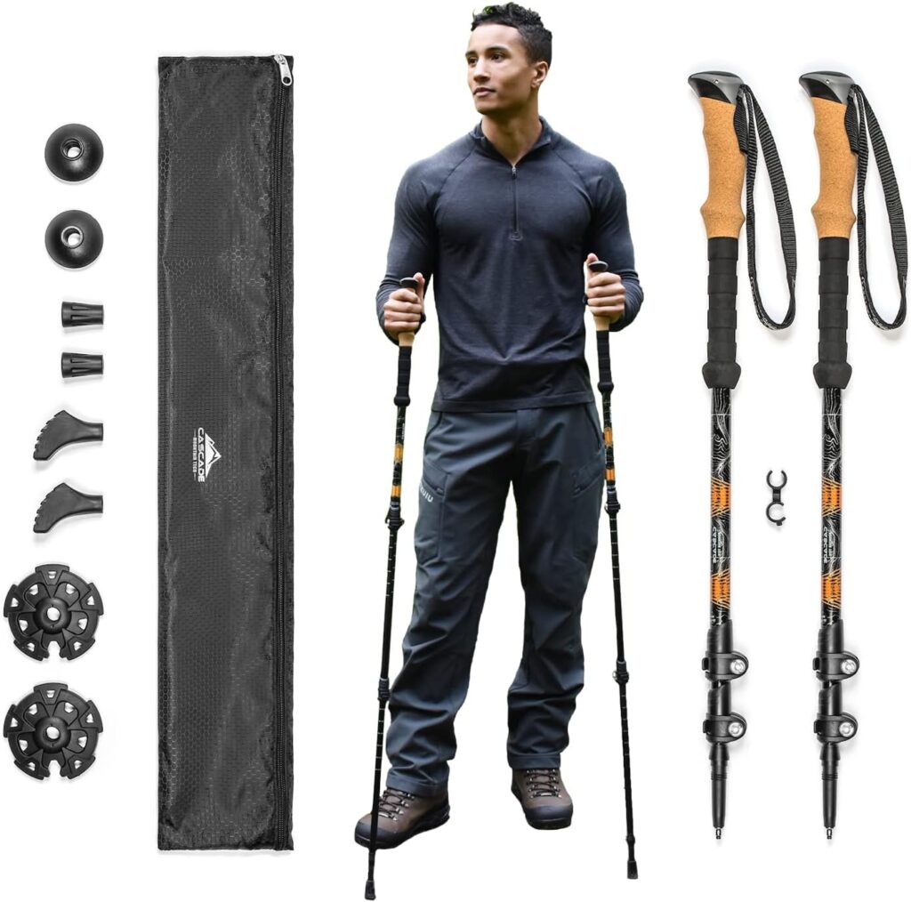 A man holding two walking poles. Attachments and a carrying case are also presented.