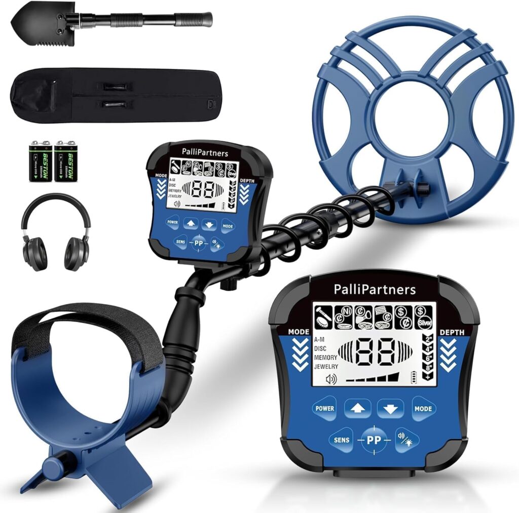 A blue metal detector and its attachments are shown.