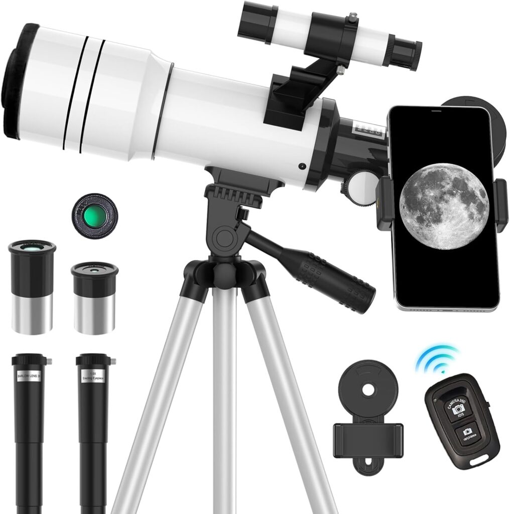 A telescope and all its attachments are shown, including a way to attach your smartphone to view the night sky.