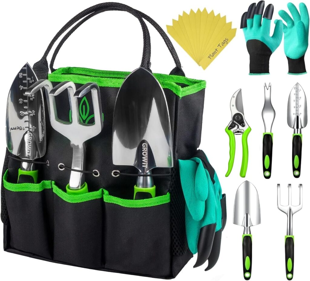 A black bag with external pockets filled with tools and equipment for gardening.
