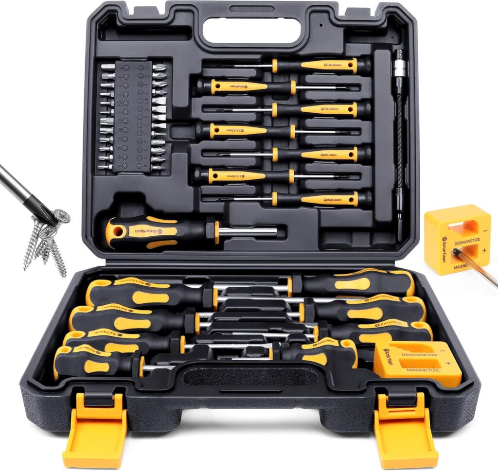 A black case that is propped open showing a full set of screwdrivers and related tools.