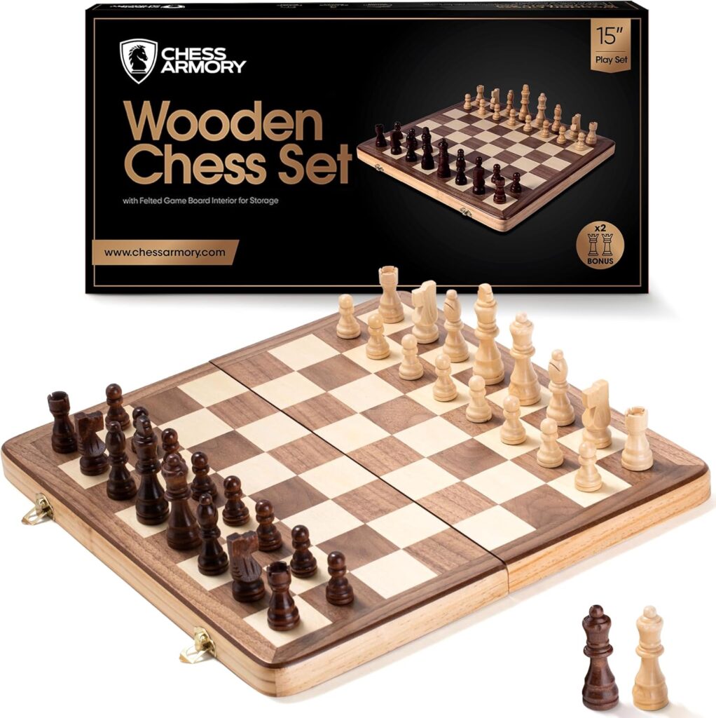 Image shows a wooden chess set and the box it comes in.