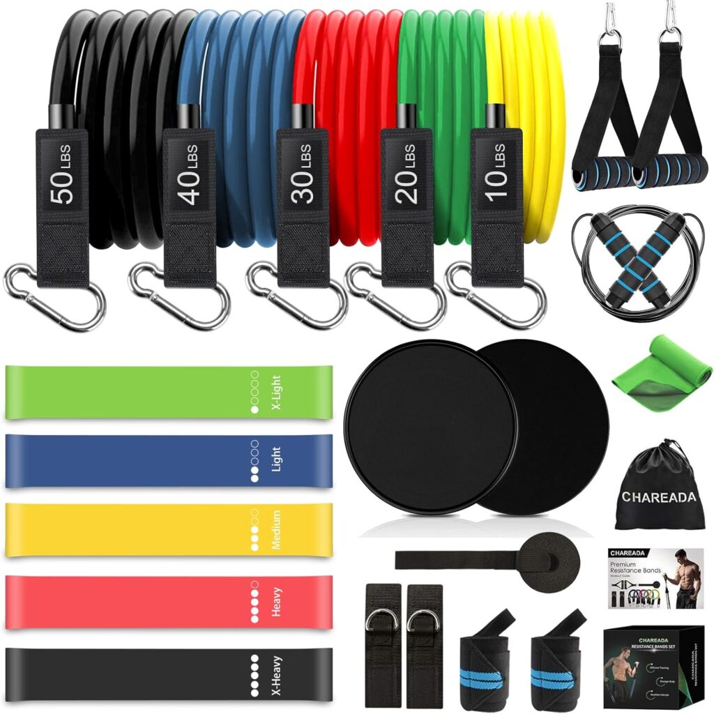 A set of colorful bands, weights, and fitness equipment.