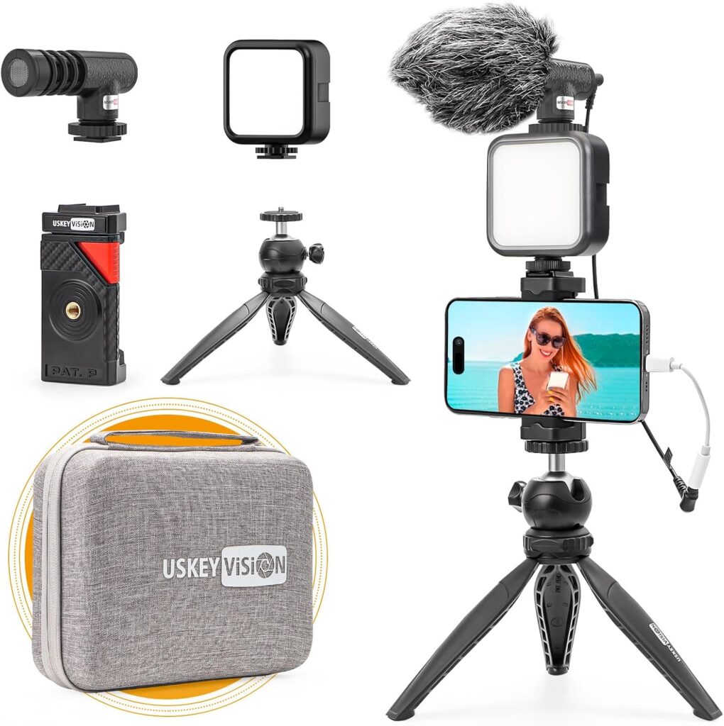 A tripod with space for a smartphone, light, and microphone is shown, along with its carrying case