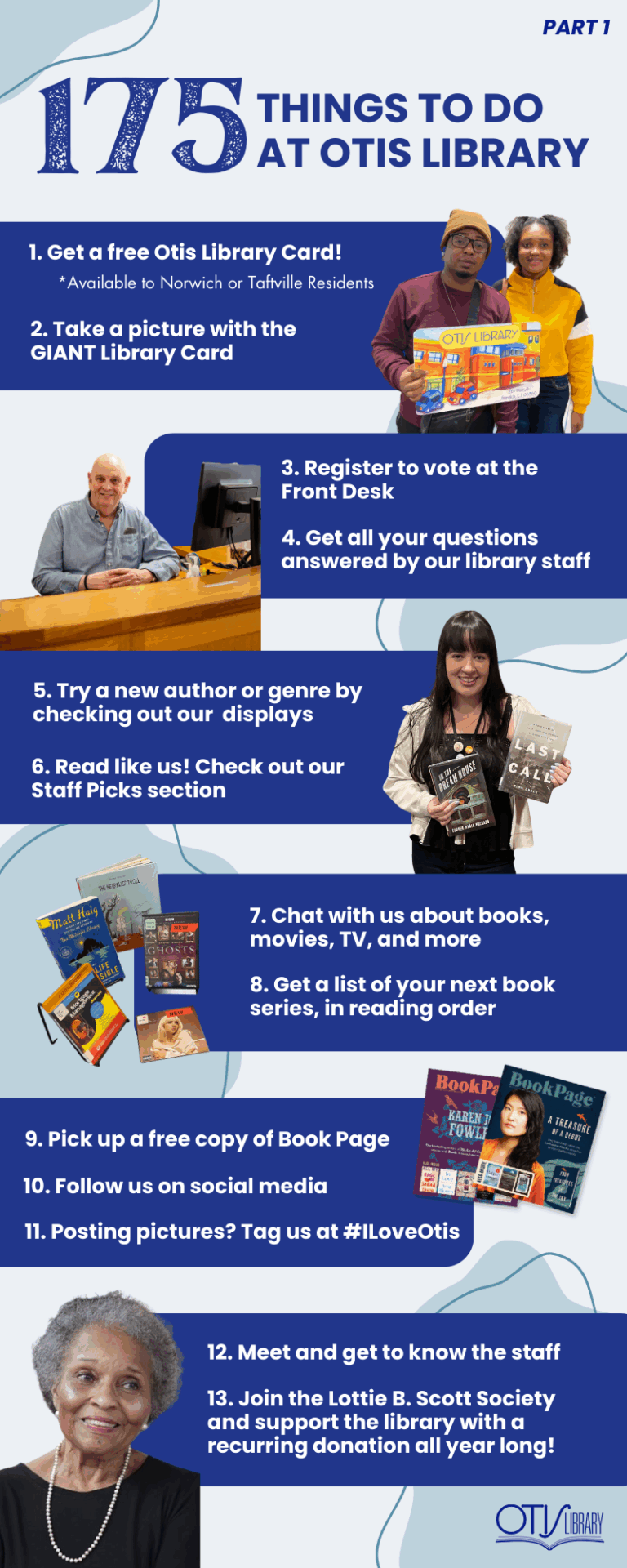 This image lists 13 things to do at Otis Library. Next to each pair of items is a relevant photo of a person performing the activity or the items needed to do so. The first 13 are: Get an Otis library card (if you are a Norwich or Taftville resident) and use it at any public library in CT! Take a selfie with our giant library card Register to Vote at the Circ desk! Get all your questions answered by our Reference Department. Try a new author or genre in one our many themed book displays. Find your next favorite book on the Staff Picks Shelves. Not sure what you want to read next? Ask a librarian for a suggestion! Unsure what order to read a series in? Ask for an author printout from Fantastic Fiction! pick up a free copy of BookPage . Follow our social media. Take a photo and tag us #ILoveOtis. meet the staff. Join the Lottie B. Scott Society and support the Library with a recurring monthly donation all year long!