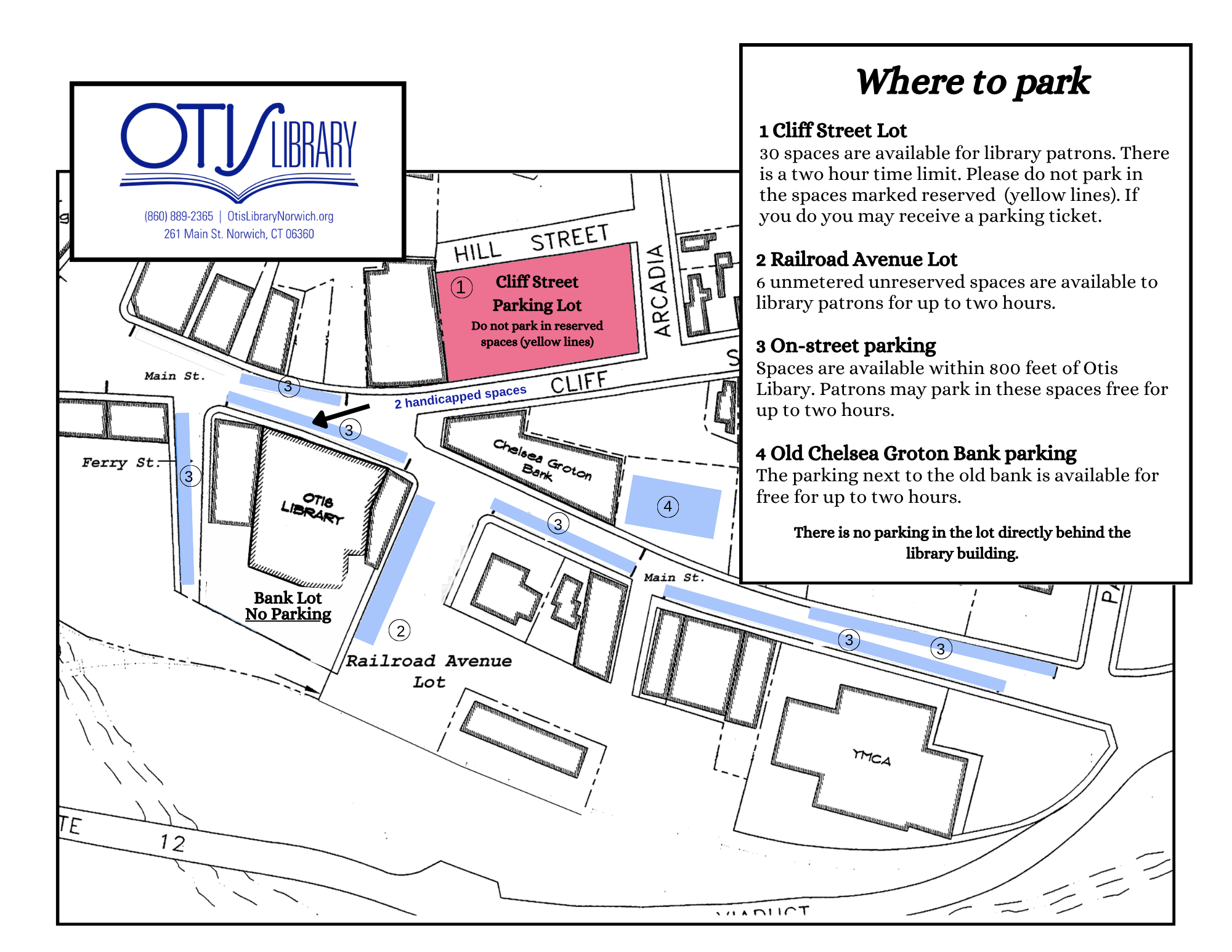 This is a map of the parking available around Otis Library. It includes street and municipal lot parking, all of which are limited to two hours at a time. Please see the posted signs for specific details.