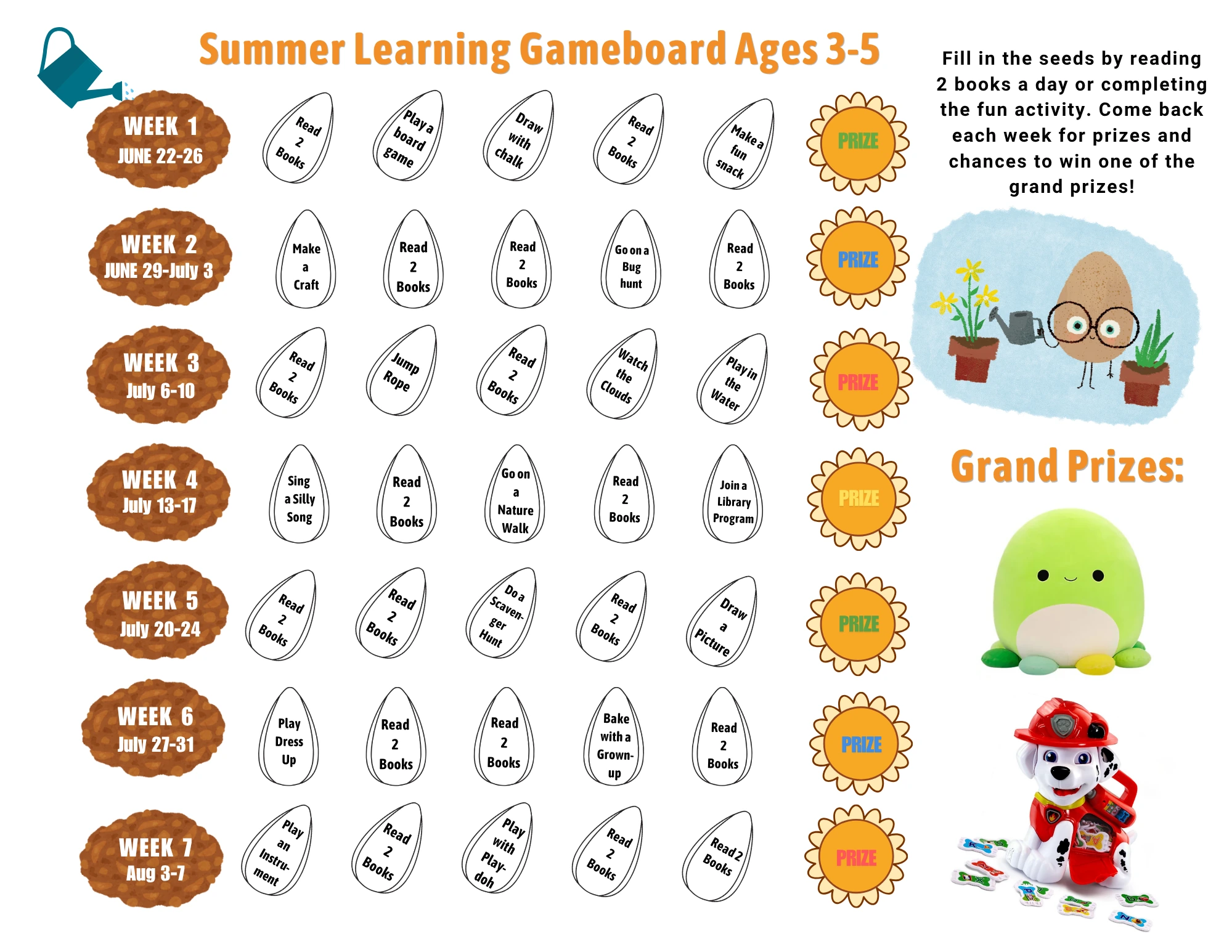 Ages 3 through 5 summer learning gameboard