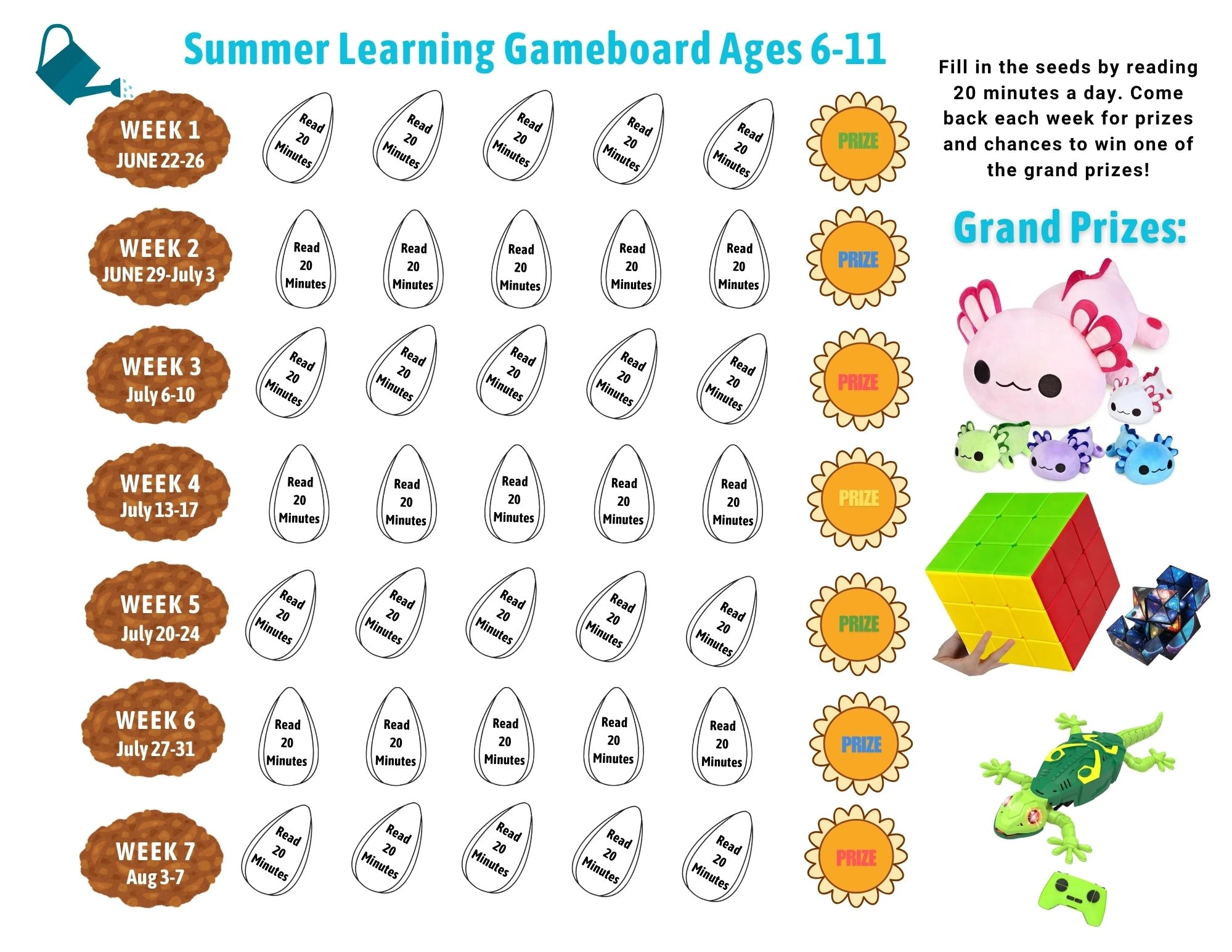 Ages 6 through 11 summer learning gameboard