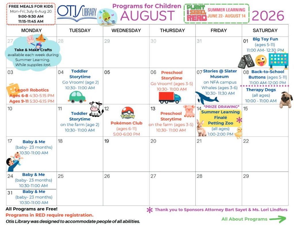 Preview of the August 2026 children's programs calendar