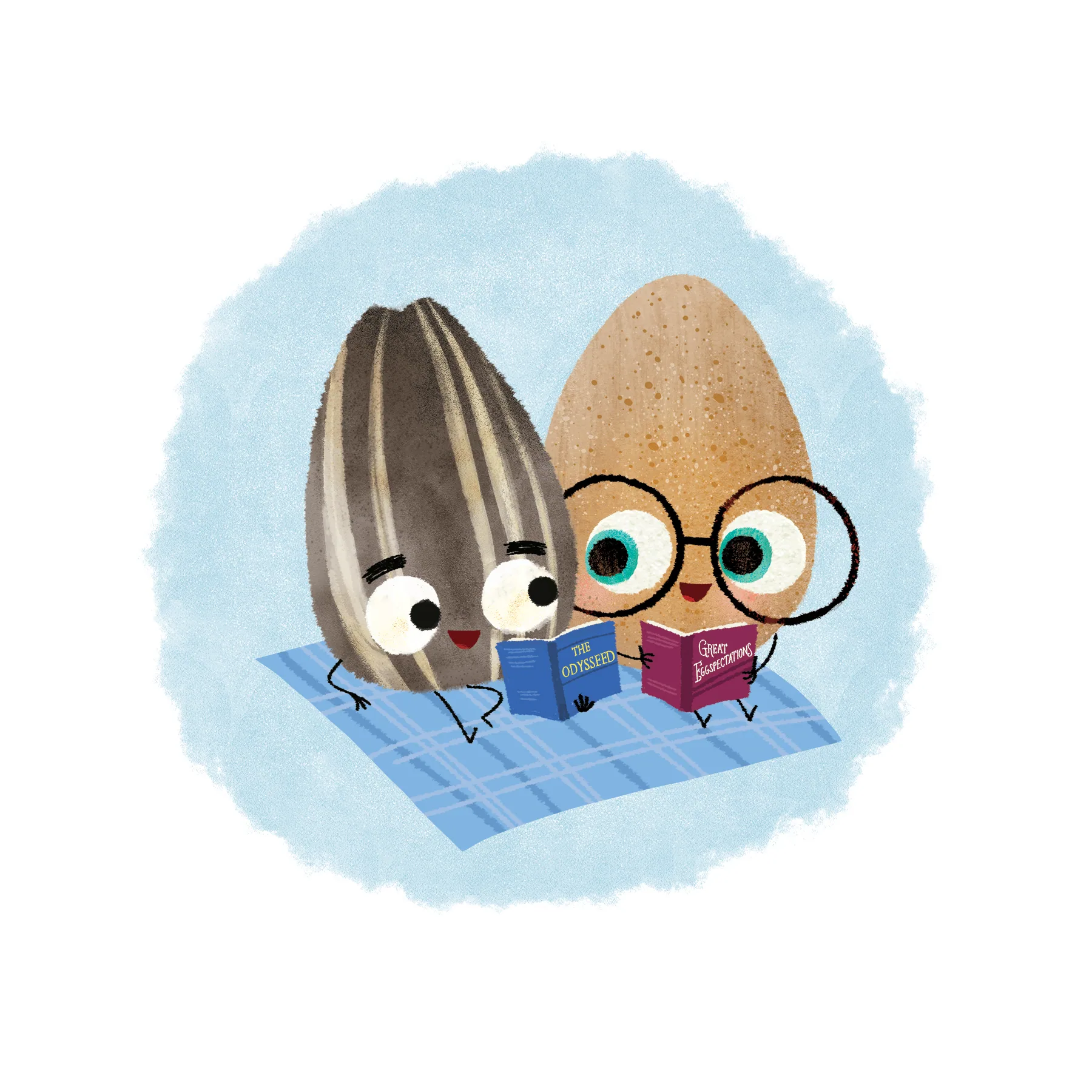 Illustrated seed characters reading together