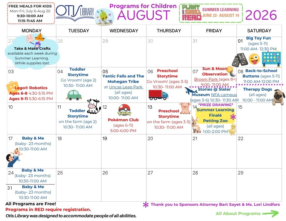 Preview of the August 2026 children's programs calendar