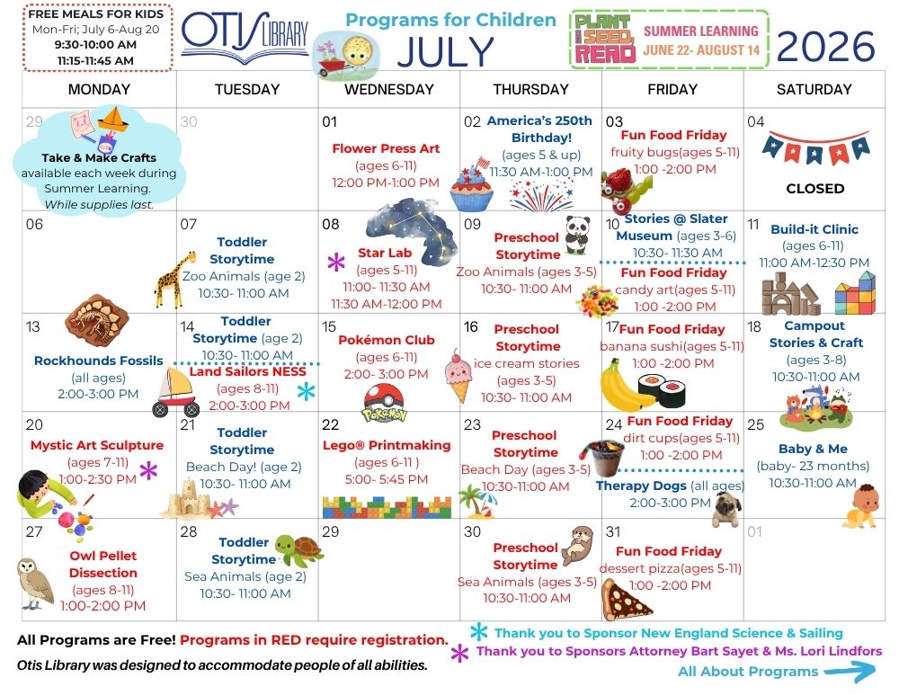 Preview of the July 2026 children's programs calendar